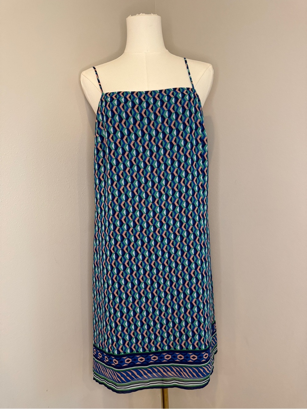 Maeve for Anthropologie Blue Geometric Spaghetti-Strap Mini Silk Slip Dress